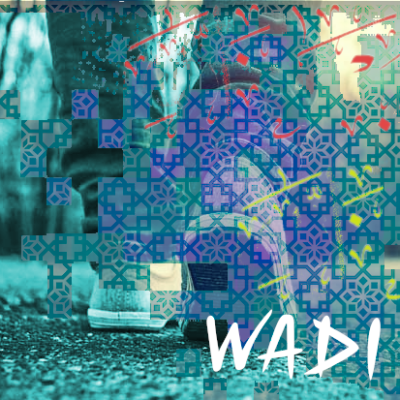 Graphic showing a pair of converse walking away from the camera, overlaid with mosaic